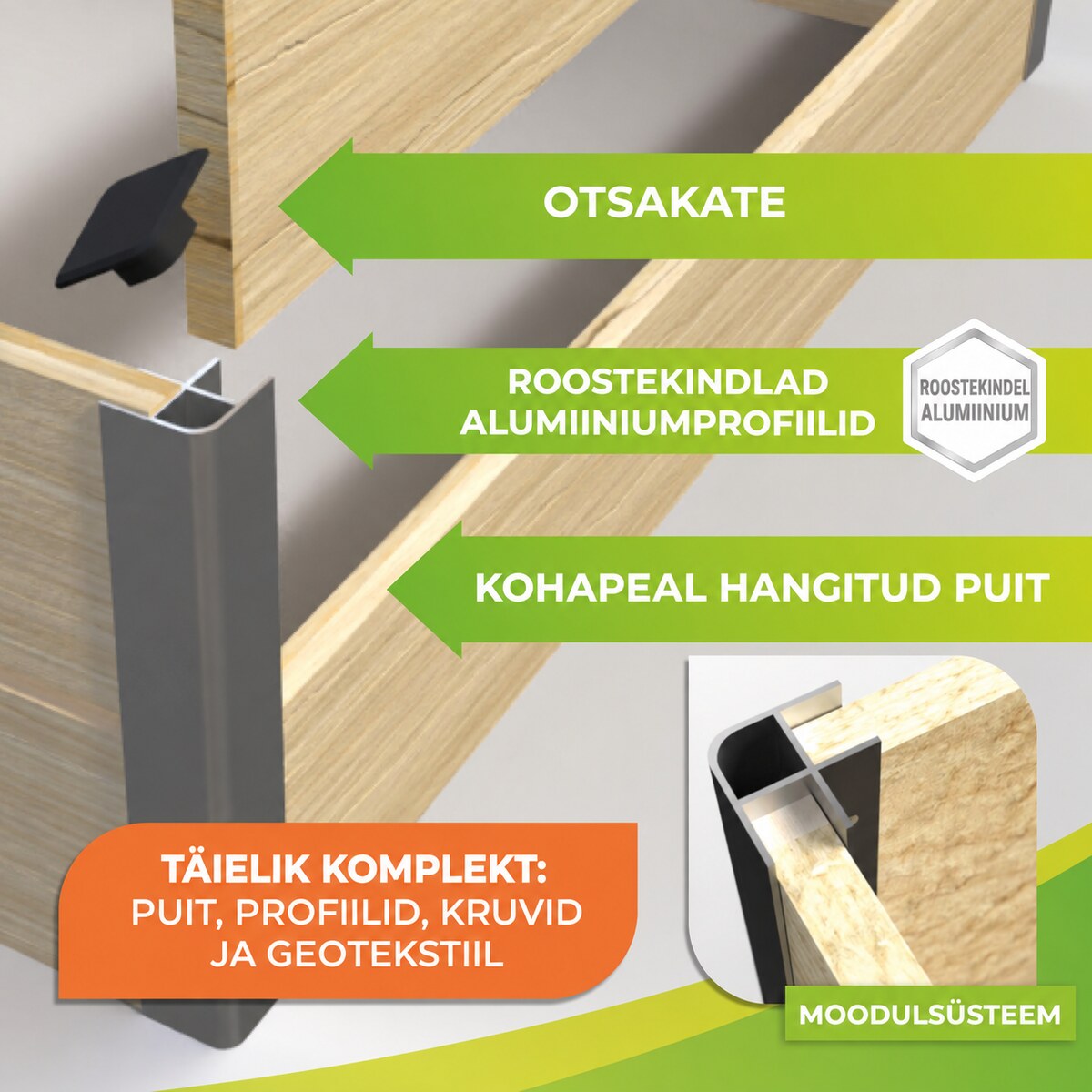 Kõrgpeenra täiskomplekt puidu, alumiiniumprofiilide, kruvide ja geotekstiiliga