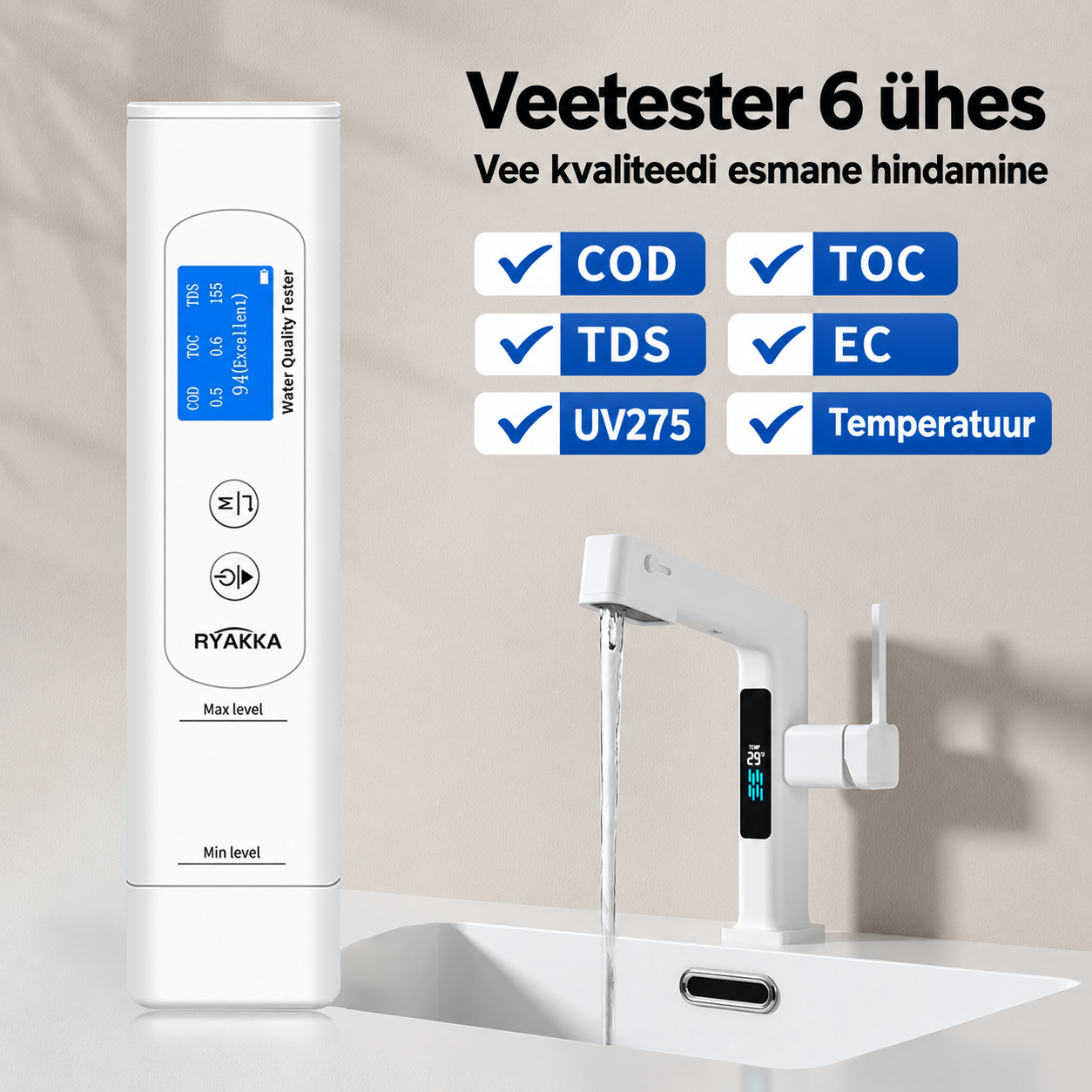 Digitaalne veetester 6 ühes RYAKKA – vee kvaliteedi esmane hindamine