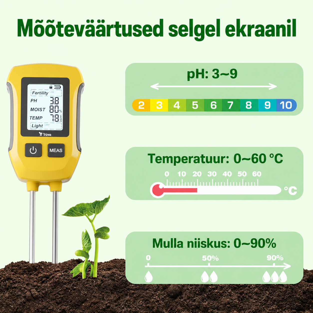 Digitaalne mullatester 5 ühes – pH, niiskus, temperatuur, viljakus ja valgus