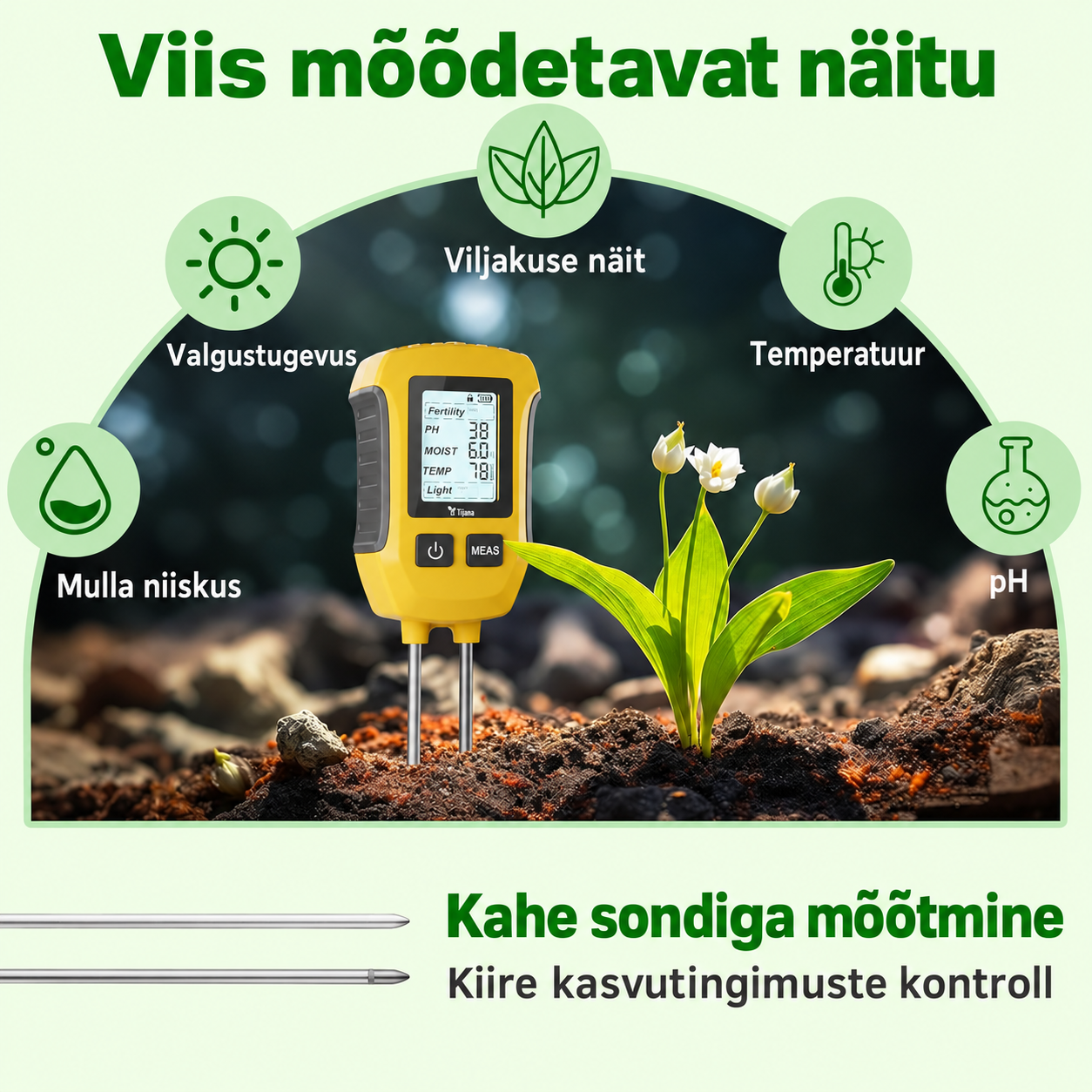 Digitaalne mullatester 5 ühes – pH, niiskus, temperatuur, viljakus ja valgus