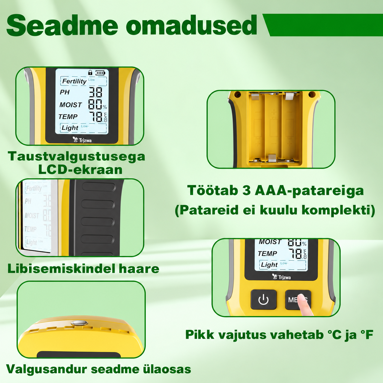 Digitaalne mullatester 5 ühes – pH, niiskus, temperatuur, viljakus ja valgus