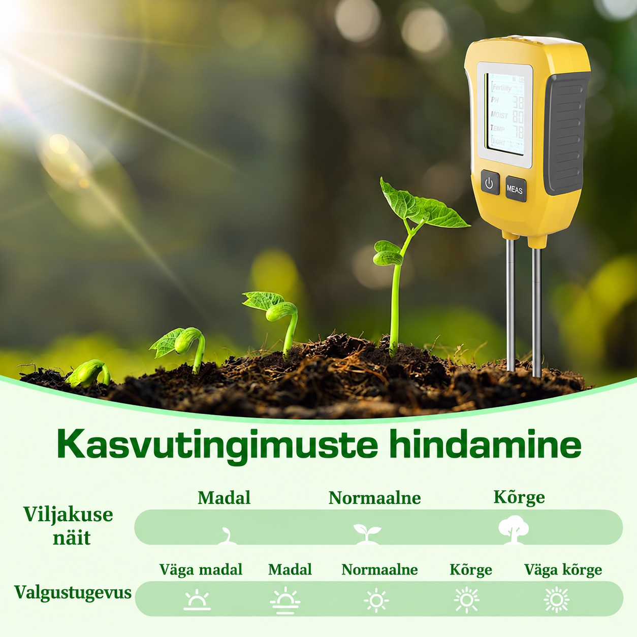 Digitaalne mullatester 5 ühes – pH, niiskus, temperatuur, viljakus ja valgus