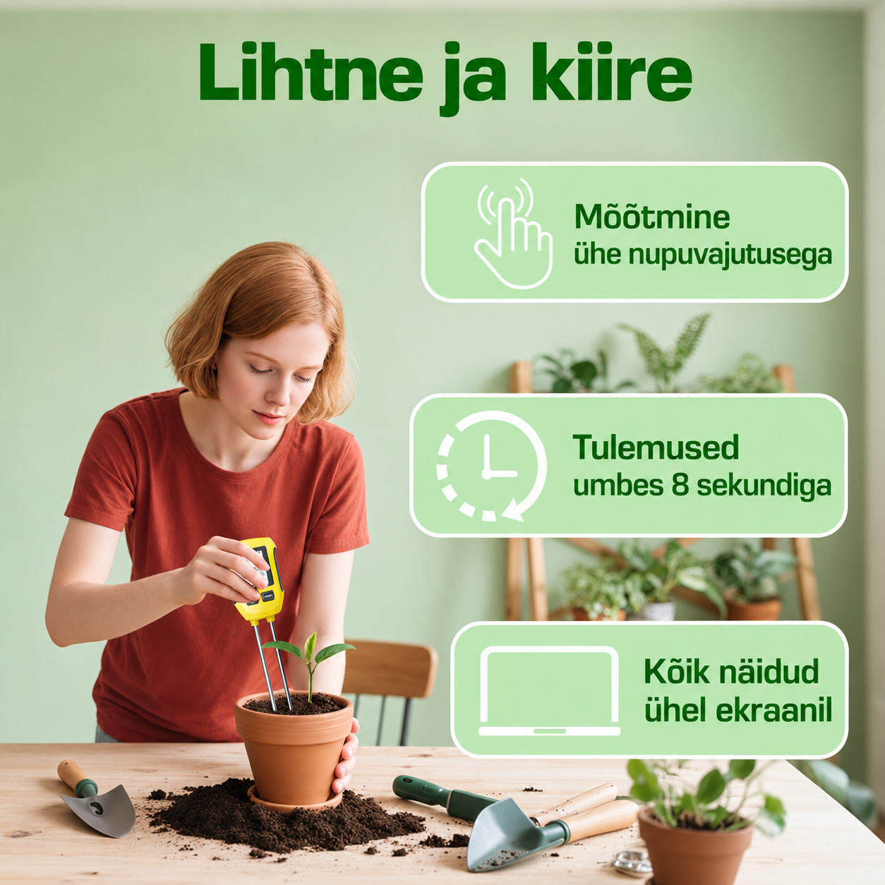 Digitaalne mullatester 5 ühes – pH, niiskus, temperatuur, viljakus ja valgus