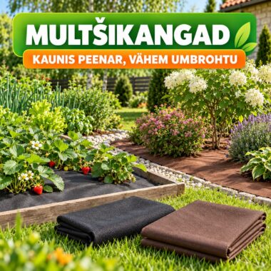 Must ja pruun multšikangas aia- ja lillepeenras